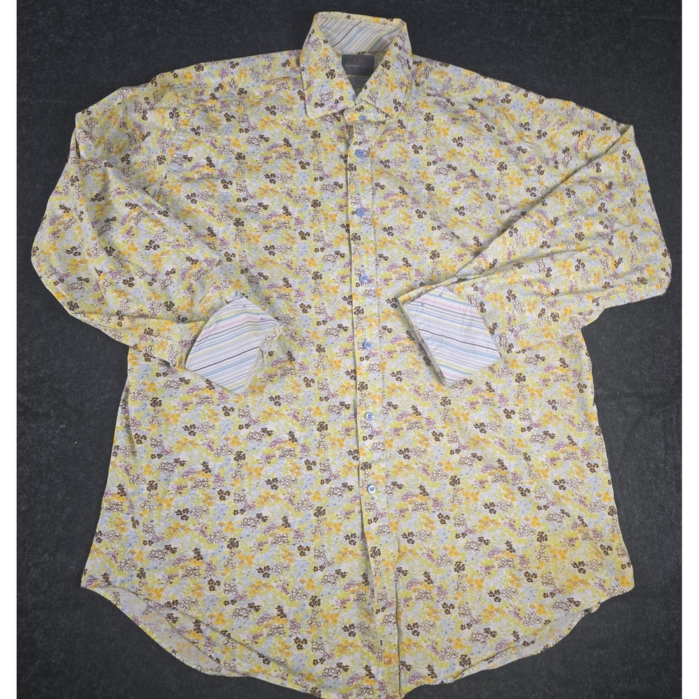 Thomas Dean Mens XL Shirt Yellow Floral Long Sleeve Flip Cuff Shirtmakers Cloth